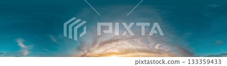 Seamless 360 HDR spherical panorama of sunset sky with vibrant pink Cirrus clouds. Full zenith or sky dome in 3D, sky replacement for aerial drone panoramas. Climate and weather change. Seamless 360 HDR spherical panorama of sunset sky with vibrant pink Cirrus clouds. Full zenith or sky dome in 3D, sky replacement for aerial drone panoramas. Climate and weather change. 133359433