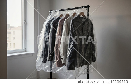 Hanging Wardrobe Collection. A rack of clothing for a fashion shoot, covered in a clear plastic protective sheet, sits Hanging Wardrobe Collection. A rack of clothing for a fashion shoot, covered in a clear plastic protective sheet, sits 133359513