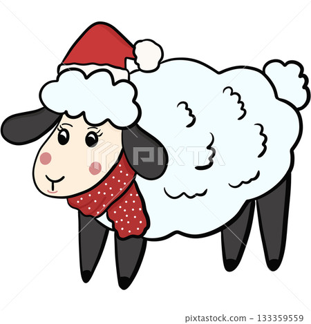 A cute fluffy lamb wearing a Santa hat and a cozy red scarf with snowflake dots. A cute fluffy lamb wearing a Santa hat and a cozy red scarf with snowflake dots. 133359559