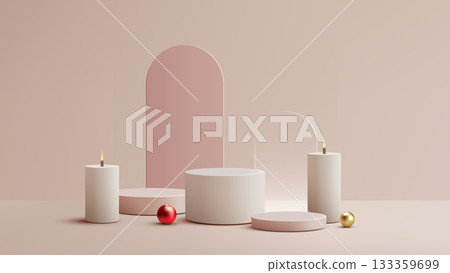 Christmas holiday festive product display with elegant 3d podiums, soft blush pink arches, warm candle lighting, and red gold ornaments for luxury branding scenes and seasonal promotional design 133359699
