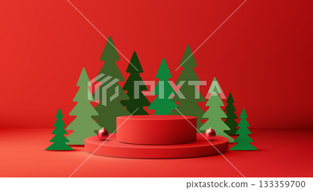christmas holiday red festive background with 3d podium and glossy ornaments in a minimalist winter scene featuring stylized evergreen trees for seasonal product display christmas holiday red festive background with 3d podium and glossy ornaments in a minimalist winter scene featuring stylized evergreen trees for seasonal product display 133359700
