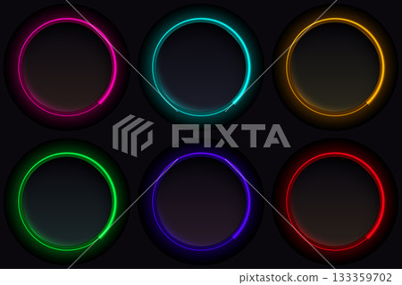 neon glow circle frames with vibrant luminous rings on black background creating modern abstract digital graphic elements for design projects and futuristic visual concepts 133359702