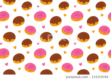 Vector illustration seamless pattern of flat cartoon donuts with chocolate and pink strawberry glaze and hearts, cute festive design for gift packaging, bakery backgrounds, cafe confectionery pattern 133359784