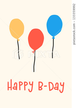 Vintage postcard vector illustration with flat cartoon hot air balloons, naive kids style uneven lines, retro colors, happy b-day greeting card for celebrations, birthdays, cute festive visuals 133359992