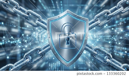 Image of robust cybersecurity and data protection (shield and chain/blockchain) 133360202