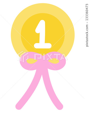 Cute illustration of number 1 gold medal with pink ribbon for winning competition, decoration, cartoon, sport, tournament, marathon, running club, comic, patch, brooch, pin, souvenir shop, shirt print Cute illustration of number 1 gold medal with pink ribbon for winning competition, decoration, cartoon, sport, tournament, marathon, running club, comic, patch, brooch, pin, souvenir shop, shirt print 133360473