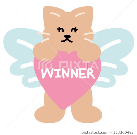 Cute illustration of cat with angel wings, and WINNER heart sign for pet shop, vet, running club, sport, winning competition, animal decoration, cartoon, character, comic, mascot, souvenir shop 133360482