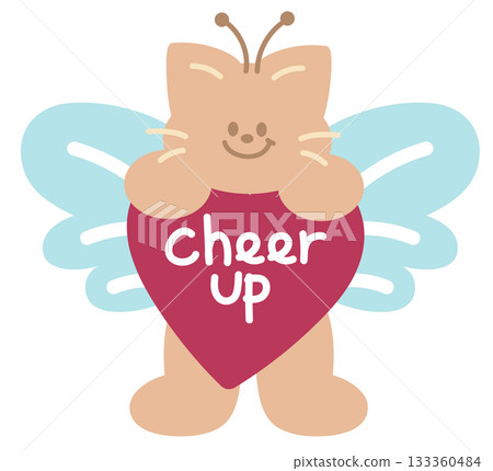 Cute illustration of cat with angel wings, and cheer up heart sign for pet shop, vet, running club, sport, winning competition, animal decoration, cartoon, character, comic, mascot, souvenir shop 133360484