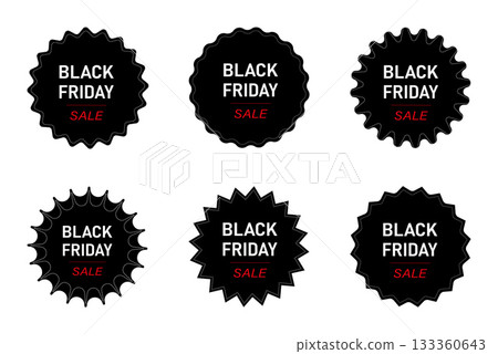 Black Friday sale labels set with various badge shapes on white background for retail and marketing design. 133360643