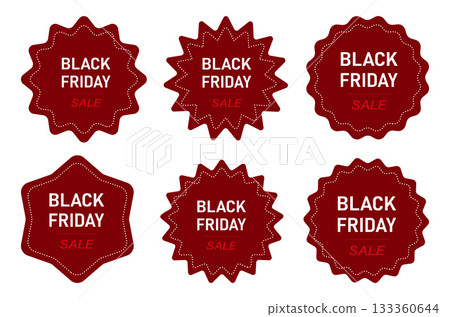Black Friday sale badge collection in dark red with starburst and wavy shapes for promotion, advertising and marketing design. 133360644