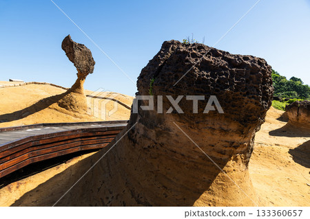 Beautiful Queen's Head of the Yehliu Geopark. Yehliu is a cape located in Wanli, New Taipei City, Taiwan. 133360657