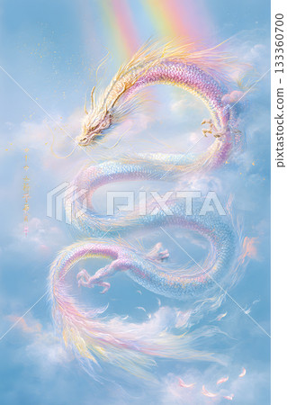 一幅奇幻插畫，描繪了一條白龍在彩虹和雲朵間翩翩起舞。寓意好運、吉祥，充滿靈性。 133360700