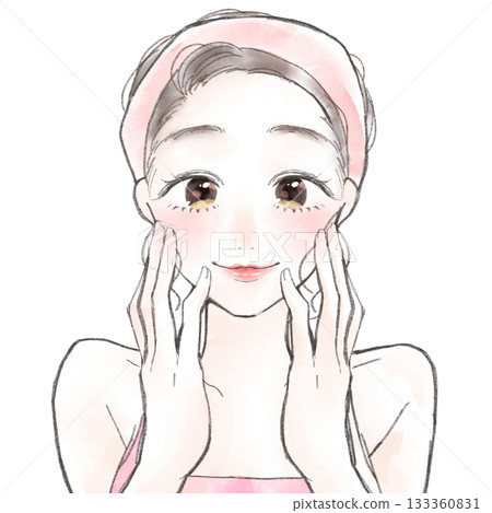 水彩插畫，一位可愛的女子用手摀著臉。 133360831