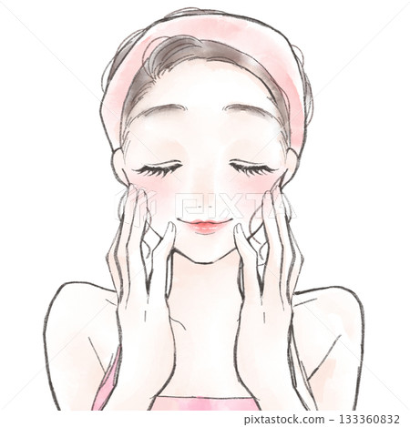 Illustration of a woman washing her face with both hands on her cheeks Illustration of a woman washing her face with both hands on her cheeks 133360832