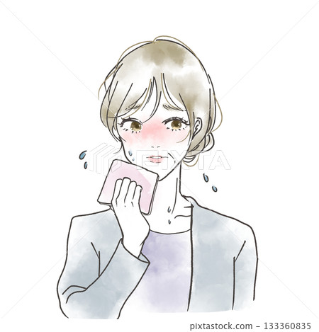Illustration of a middle-aged woman sweating in the heat due to menopausal symptoms 133360835