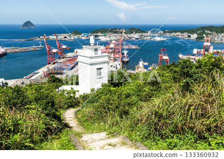 Low-angle view of the Chiutzushan Lighthouse in Keelung City, Taiwan. Taiwan First Locally-Built Lighthouse. 133360932