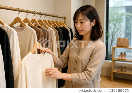 人工智慧生成的30多歲日本女性正在精品店挑選衣服 133360975