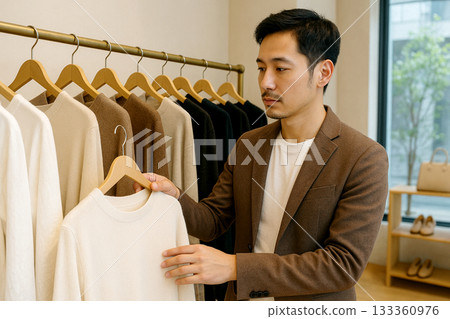 人工智慧生成的30多歲日本男子正在精品店挑選衣服 133360976