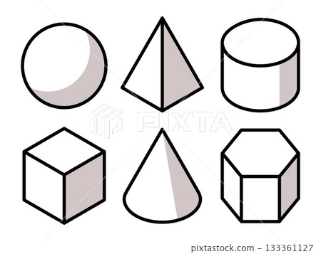 Collection of geometric shapes, cone, cylinder, sphere, cube and pyramid icons 133361127