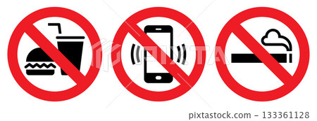 No eating and drinks allowed, No cell phone zone, No smoking symbols, stop, ban or prohibited icon set for public safety notices. 133361128