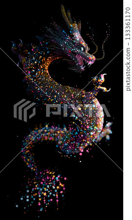Illustration of a fantastic dragon made of light particles. Luminous art that shines on a black background Illustration of a fantastic dragon made of light particles. Luminous art that shines on a black background 133361170