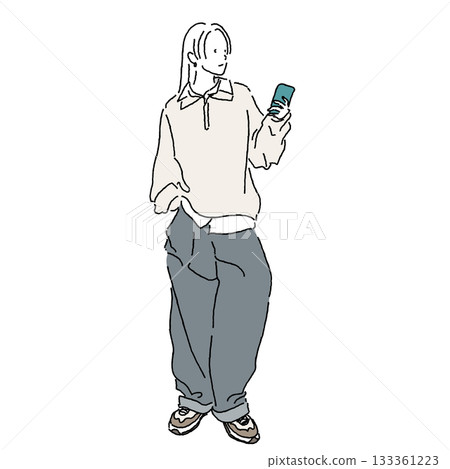 一位穿著時尚休閒裝的女士正在看手機。寬鬆輪廓的時尚插畫。 一位穿著時尚休閒裝的女士正在看手機。寬鬆輪廓的時尚插畫。 133361223