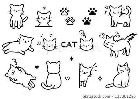 Set of hand-drawn monochrome illustrations of cute cats 133361286