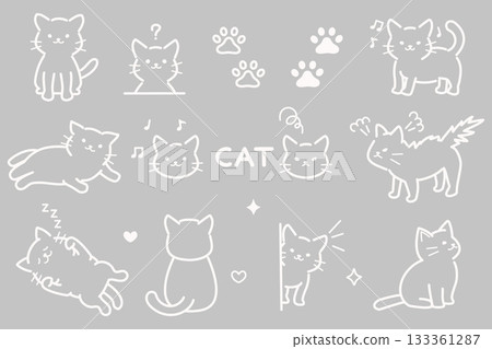 Cute cat white line drawing illustration set 133361287