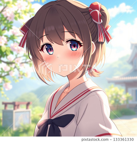 背景中是一位女孩和一座春季城堡的合照。 133361330