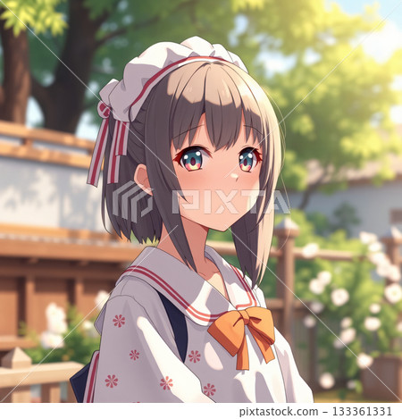 Smiling young woman in a kimono in the park 133361331