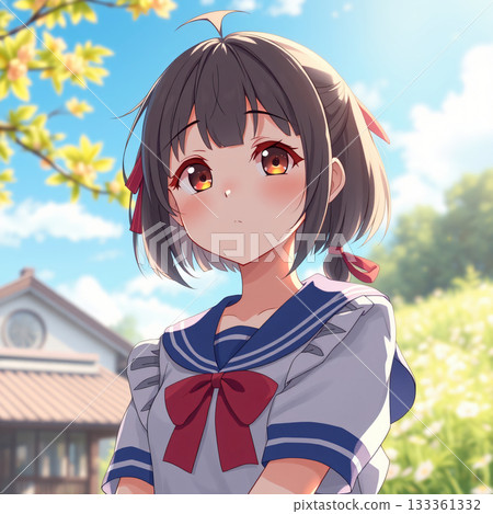 A girl smiling cheerfully under the blue sky 133361332