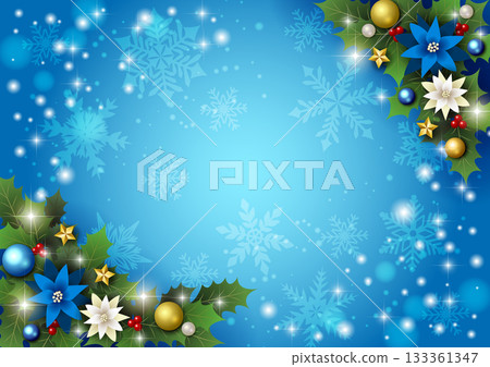聖誕背景,藍色,一品紅,雪,冬青,可愛,插圖,橫向 聖誕背景,藍色,一品紅,雪,冬青,可愛,插圖,橫向 133361347