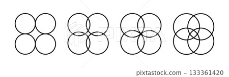 Four intersecting circles set. Circle Venn diagram with four parts. Infographic chart line icon. 4 overlap balance elements diagram. Vector illustration isolated on white background Four intersecting circles set. Circle Venn diagram with four parts. Infographic chart line icon. 4 overlap balance elements diagram. Vector illustration isolated on white background 133361420