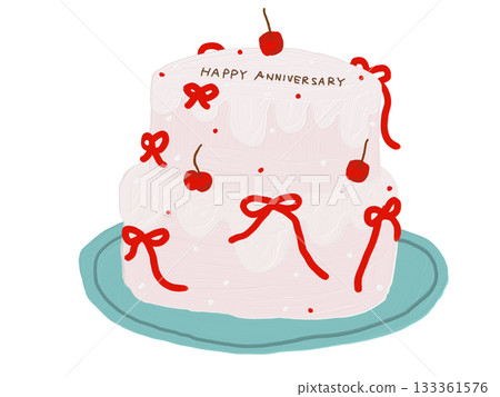 Celebration cake whole fresh cream birthday anniversary ribbon cherry illustration 133361576