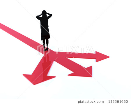 Silhouette of a woman lost on a three-way arrow, horizontal, 3D illustration 133361660