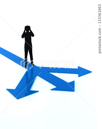 Silhouette of a man lost on a three-way arrow, vertical, 3D illustration 133361663