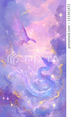 Spiritual art featuring a fantastical pink dragon dancing. A mystical dragon illustration surrounded by light and clouds. 133361872