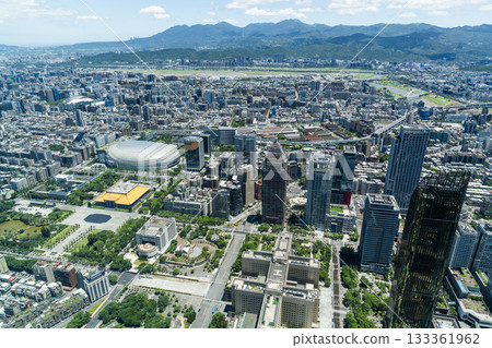 Bird-eye view of Taipei urban architecture landscape from the Taipei 101 Observation Deck, Taiwan. Such as the Taipei Dome, Sun Yat-sen Memorial Hall, and skyscrapers etc. 133361962