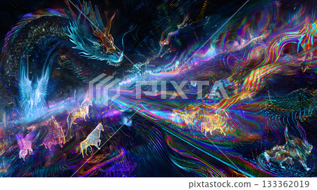 一個色彩繽紛的奇幻世界，充滿了奇幻動物和光能。 133362019