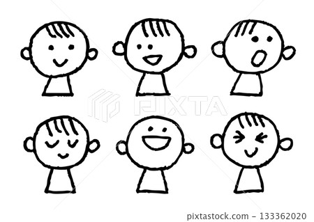 一組6個手繪兒童臉部圖示：簡潔的圖示表達微笑、喜悅、驚訝、平靜、有趣和困惑等情緒。 133362020