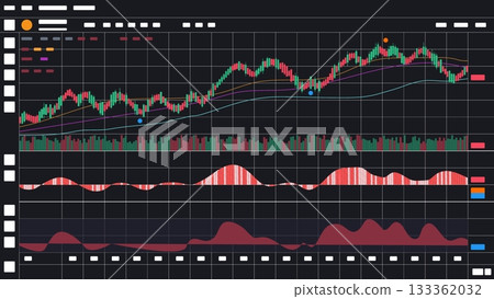 Graphical interface of a professional stock trader brokerage terminal. Charts, indicators, and diagrams on analytical panel. Simple schematic vector isolated on dark background 133362032
