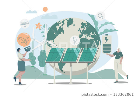 Eco friendly sustainable, Wind turbine and solar panel generates electricity conserves nature, Clean green energy from renewable sources concept.  Vector design illustration. 133362061