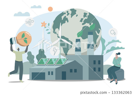 Eco friendly sustainable, Environmental protection factory, Clean green energy from renewable sources concept. Vector design illustration. 133362063