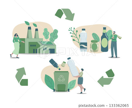 Eco friendly sustainable, Plastic and glass recycling process. Recycle and environmental care concept. Vector design illustration. 133362065