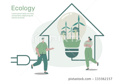 Wind turbine in light bulb with outline green home, city life ecology concept nature conservation on earth, environmental with sustainable, Vector design illustration. 133362157