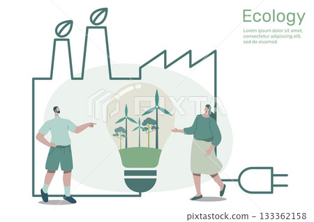 Wind turbine in light bulb with outline green factory, city life ecology concept nature conservation on earth, environmental with sustainable, Vector design illustration. 133362158