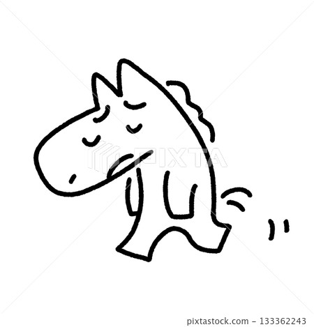 一匹馬形角色垂頭喪氣地走著，肩膀耷拉著，一臉失望，悲傷而單色調。 133362243