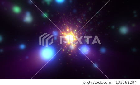 Vibrant glowing core of multicolored light particles radiating from deep space background 133362294
