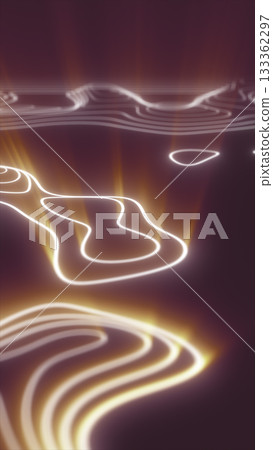 Futuristic abstract design with glowing white contour lines flowing like waves on dark illuminated surface Futuristic abstract design with glowing white contour lines flowing like waves on dark illuminated surface 133362297
