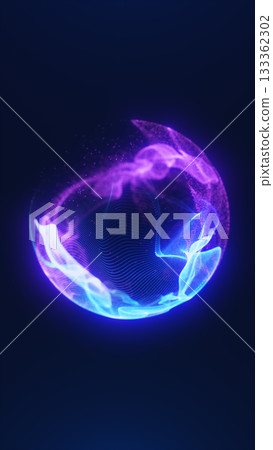 Blue and violet glowing sphere formed from digital waves and particles, floating on dark background Blue and violet glowing sphere formed from digital waves and particles, floating on dark background 133362302
